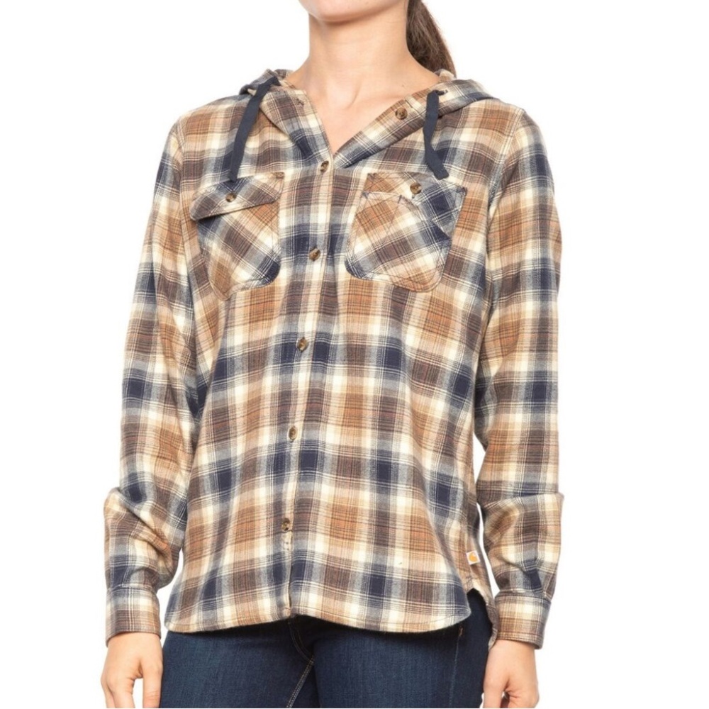 Carhartt Women’s Tan & Grey‎ Cotton LS Hooded Button Front Flannel Size XXL/20
